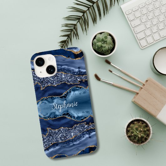Coques Case-Mate iPhone Marbre pailleté à l'agate bleue et or monogrammé