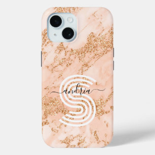 Coque Pour iPhone 15 Marbre Pailleté Or Rose Monogramme Nom Personnalis