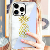 Coques Case-Mate iPhone Marbre Pastel Bleu Monogramme Ananas Doré