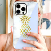 Coques Case-Mate iPhone Marbre Pastel Bleu Monogramme Ananas Doré