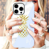 Coques Case-Mate iPhone Marbre Pastel Bleu Monogramme Ananas Doré
