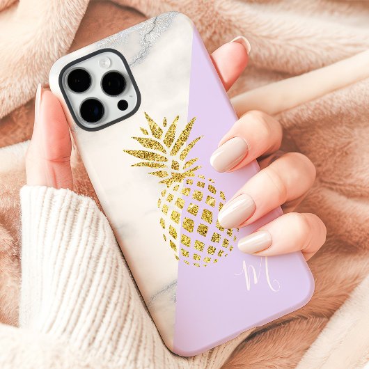 Coques Case-Mate iPhone Marbre Pastel Violet Monogramme Ananas Doré