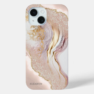 Coque Pour iPhone 15 Marbre Rose Paillettes Dorées