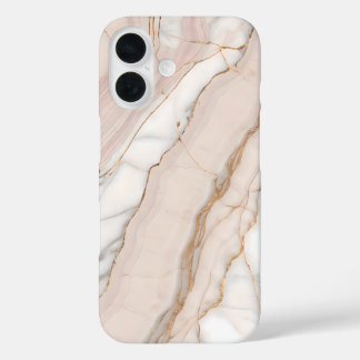 Coques iPhone 16 Marbre Rose Pâle et Or Rose Élégant 