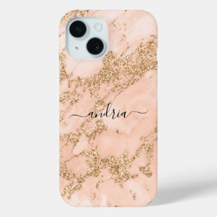 Coque Pour iPhone 15 Marbre rose Parties scintillant or, Nom de script 