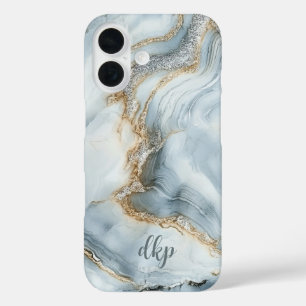 Coques iPhone 16 Marbre Tourbillon Bleu Blanc Argent Or Monogramme