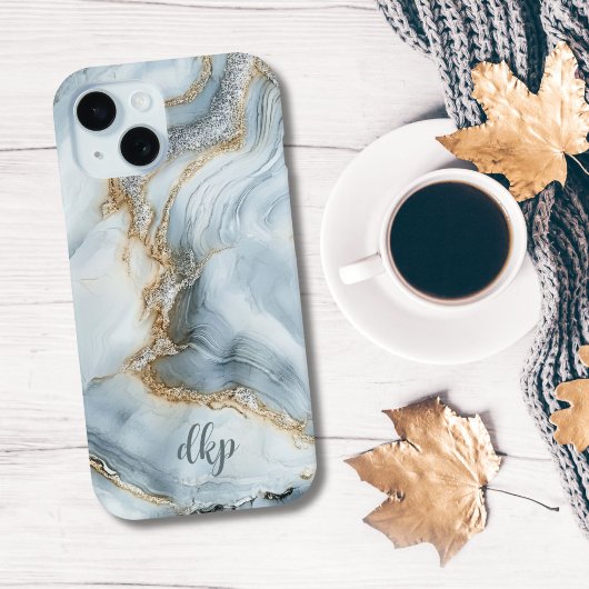 Coques Case-Mate iPhone Marbre Tourbillon Bleu Blanc Argent Or Monogramme