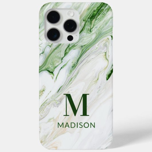 Coques Case-Mate iPhone Marbre Vert Blanc Monogramme Nom Personnalisé (Verso)