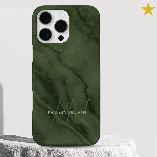 Coques Case-Mate iPhone Marbre Vert Élégant Monogramme Nom Personnalisé
