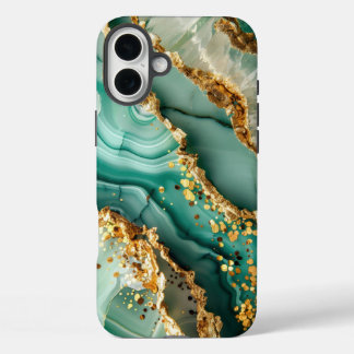 Coques iPhone 16 Plus Marbre vert et or élégant