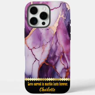 Coques iPhone 16 Pro Max Marbre violet élégant avec veines dorées et tourbi