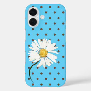 Coques iPhone 16 marguerite avec pois brun sur aqua