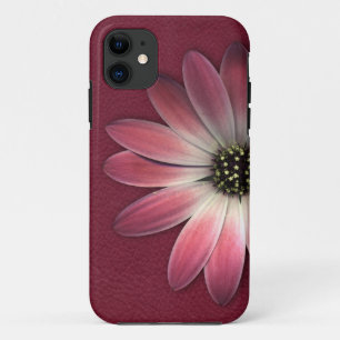 Coque iPhone 11 Marguerite rouge sur la copie de cuir de vin