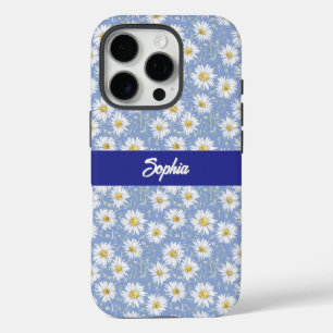 Coques iPhone 16 Pro Marguerites blanches sur bleu