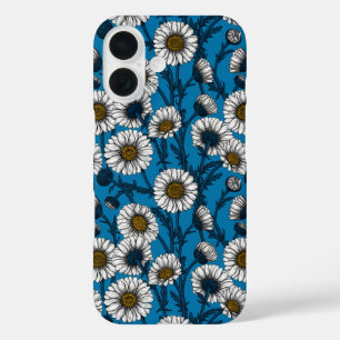 Coques iPhone 16 Marguerites sur fond bleu