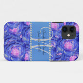 Coques Case-Mate iPhone Mariage monogramme bleu roses (Dos (Horizontal))