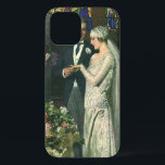 Coques Pour iPhone Mariage Vintage, Mariés avec Menorah<br><div class="desc">Illustration vintage d'amour et de romance de cérémonie de mariage représentant un couple se mariant dans une belle synagogue avec des vitraux,  des fleurs et une menorah à sept branches. La mariée porte une longue robe de mariée blanche et le marié est élégant dans son smoking.</div>