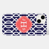 Coques Case-Mate iPhone Marine bleu et corail Moderne Trellis Monogramme (Verso (horizontal))