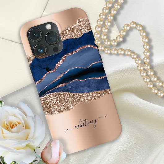 Coques Case-Mate iPhone Marine Bleu & Rose Gold Parties scintillant Marbre