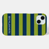 Coques Case-Mate iPhone Marine Blue Lime Green Rugby Stripes Nom personnal (Verso (horizontal))