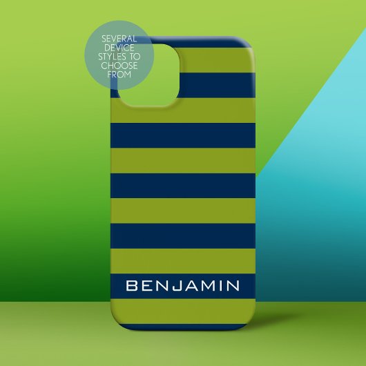 Coques Case-Mate iPhone Marine Blue Lime Green Rugby Stripes Nom personnal