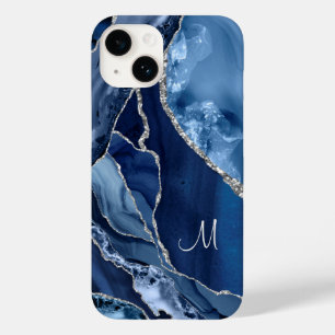 Coque Pour iPhone 14 Marine Marbre bleu Parties scintillant argent Glam