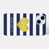 Coques Case-Mate iPhone Marine moderne Blue Stripes Gold Nom du coeur (Verso (horizontal))