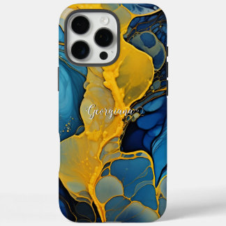 Coques iPhone 16 Pro Max Marine personnalisée et Gold Alcool Ink Fluid Art