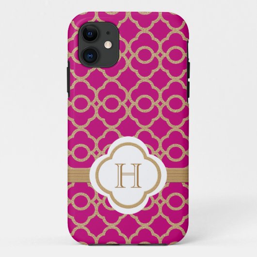 Coques Case-Mate iPhone Marocain rose fuchsia décoré d'un monogramme d'or (Dos)