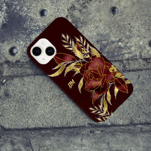 Coque Pour iPhone 14 Maroon Rouge Rose or Feuilles Monogramme