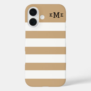 Coques iPhone 16 Marron Clair Monogramme Rayé Classique Blanc