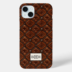 Coque iPhone 15 Mini Marron Diamant Cuir Monogrammé