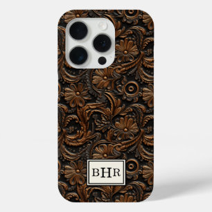 Coque iPhone 15 Pro Marron Vintage Cuir Outils Monogrammé