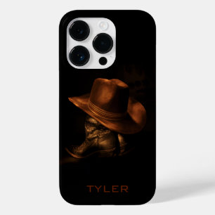 Coque Pour iPhone 14 Pro Masculine Casquette Cowboy et Bottes en Cuir Perso