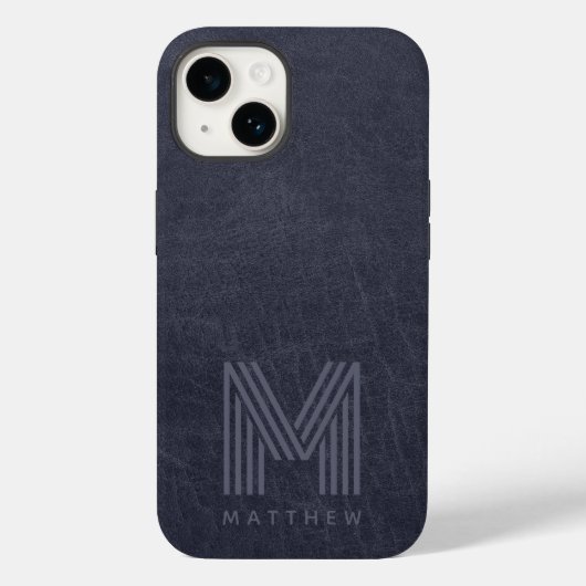Coques Case-Mate iPhone Masculine en cuir bleu gras monogramme (Verso)