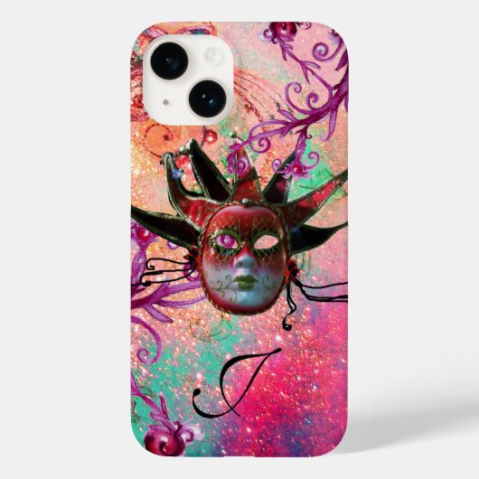 Coques Case-Mate iPhone MASQUE JESTER ROUGE NOIR Mascarade Monogramme rose (Verso)