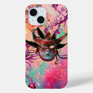 Coque Pour iPhone 15 MASQUE JESTER ROUGE NOIR Mascarade Vert rose