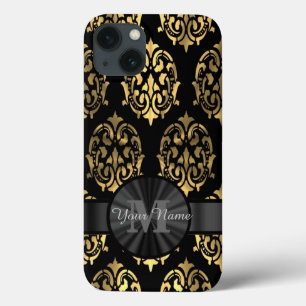 Etui iPhone 13 Masque noir et or monogramme personnalisé