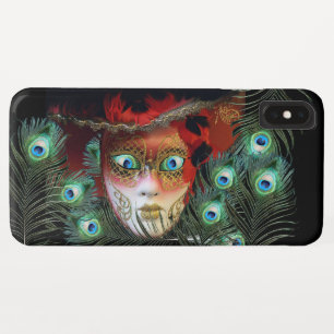 ETUI iPhone Case-Mate MASQUE ROUGE AVEC PEACOCK FEATHERS MASQUERADE PART