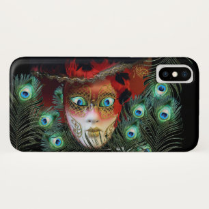 COQUE iPhone X   MASQUE ROUGE AVEC PEACOCK FEATHERS MASQUERADE PART