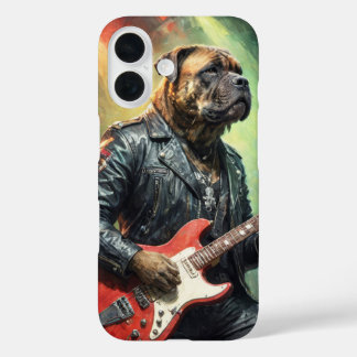 Coques iPhone 16 Mastiff en veste en cuir jouant de la guitare rock