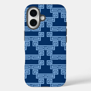 Coques iPhone 16 Méandre de clé grecque en bleu indigo