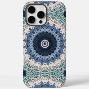 Coques iPhone 16 Pro Max Médaillon de kaléidoscope de mandala bleu et beige