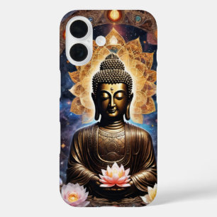 Coques iPhone 16 Méditation Bouddha enchanté en couverture or et lo