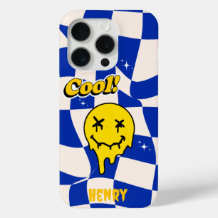 Coque iPhone 15 Pro Melting Smile émoji avec À damiers Bleu