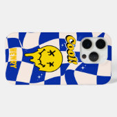 Coques Case-Mate iPhone Melting Smile émoji avec À damiers Bleu (Verso (horizontal))