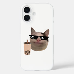 Coques iPhone 16 Mème de chat poli avec lunettes de bagage et boiss