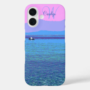 Coques iPhone 16 Mer Méditerranée Bleue, ciel rose, monogramme