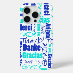 Coque iPhone 15 Pro Merci bleu turquoise multilingue Topographie