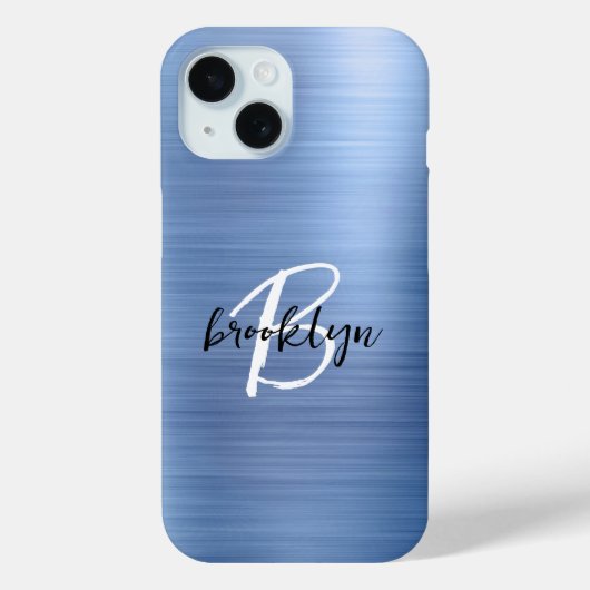 Coques Case-Mate iPhone Métal brossé Bleu Noir Blanc Script Monogramme (Verso)